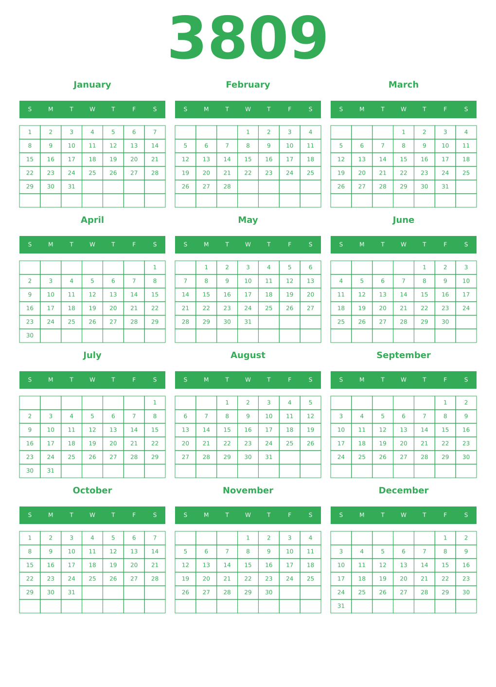 Printable 3809 Year Calendars green
