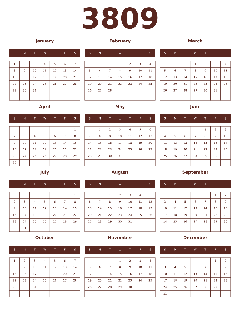 Printable 3809 Year Calendars mortuum