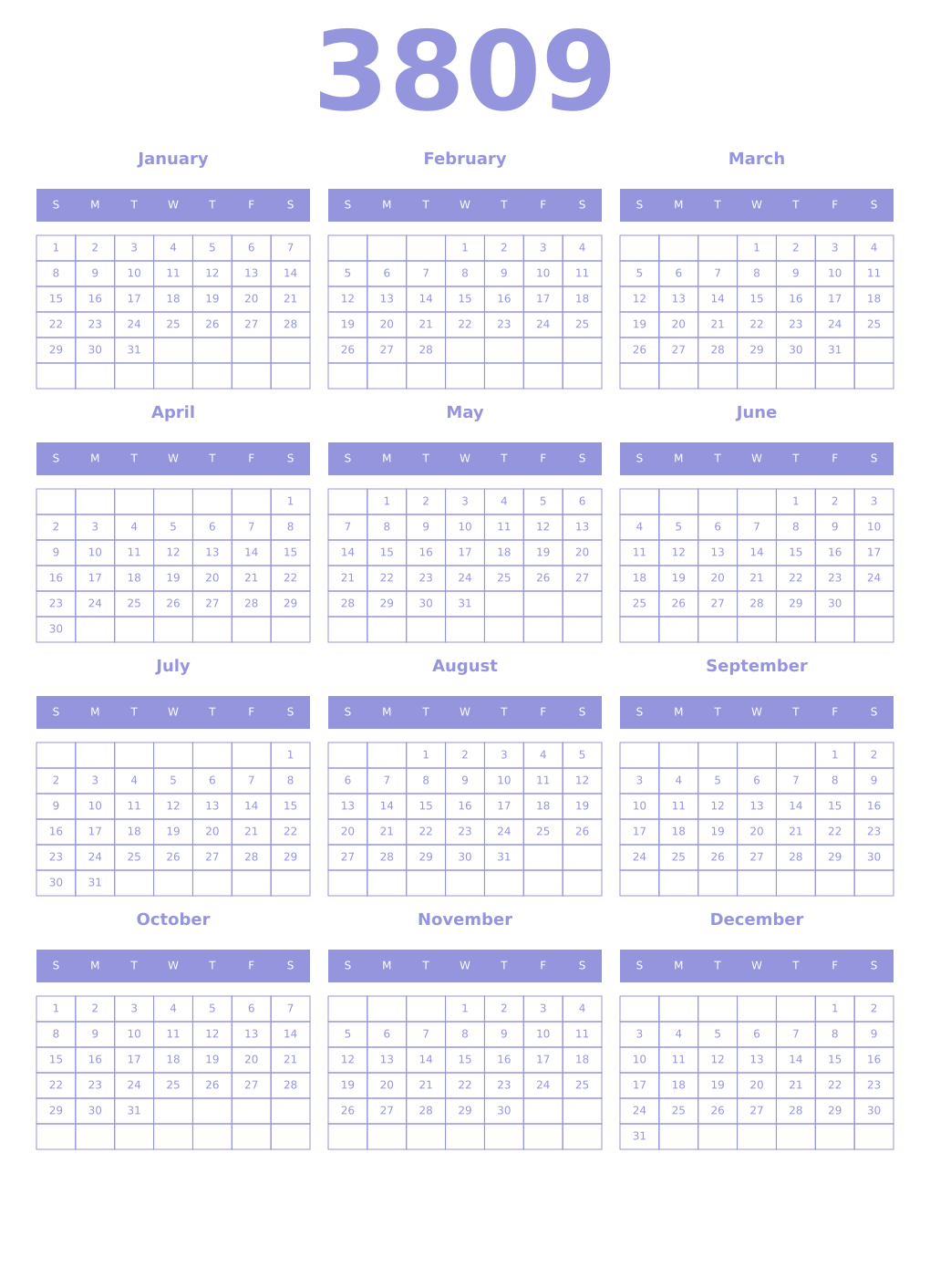 Printable 3809 Year Calendars periwinkle