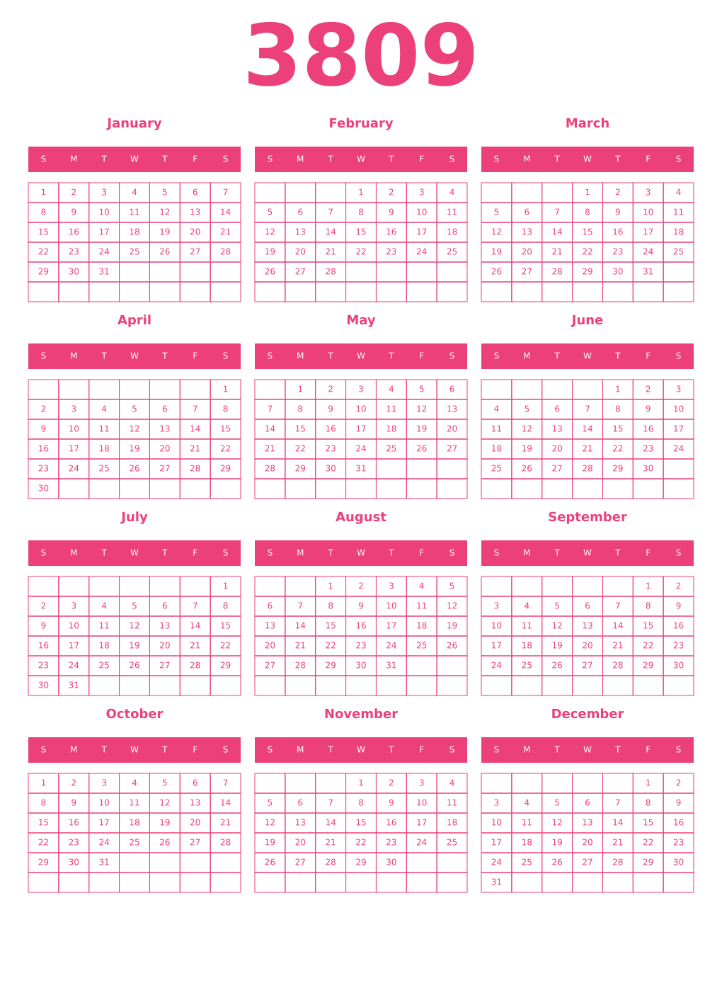 Printable 3809 Year Calendars pink