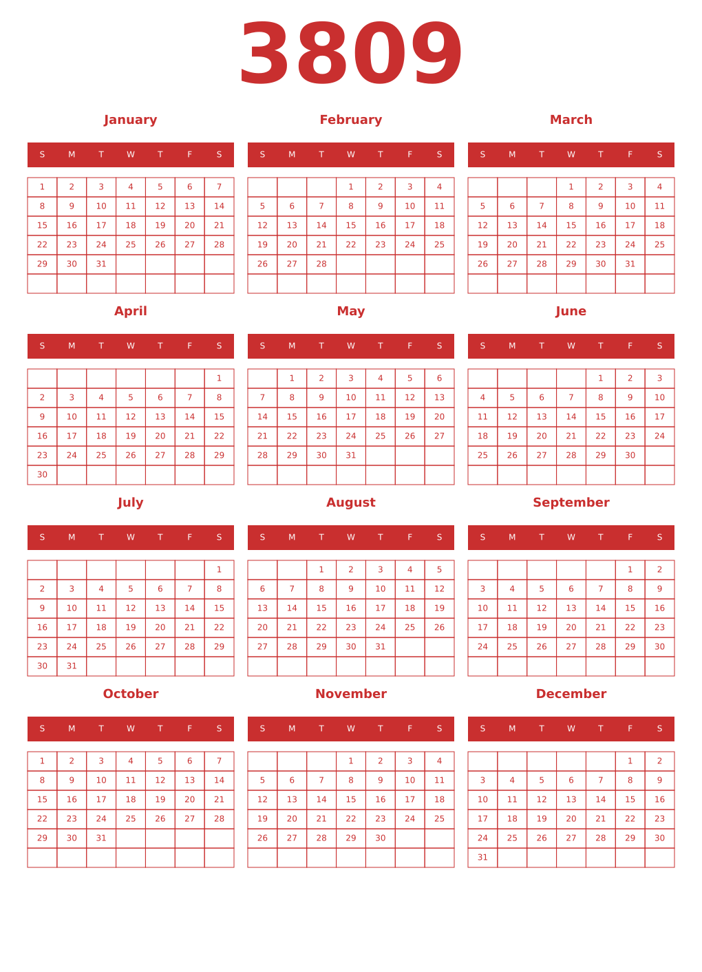 Printable 3809 Year Calendars red
