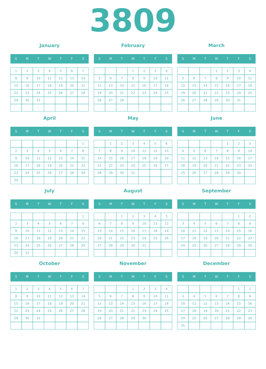 Printable 3809 Year Calendars verdigris