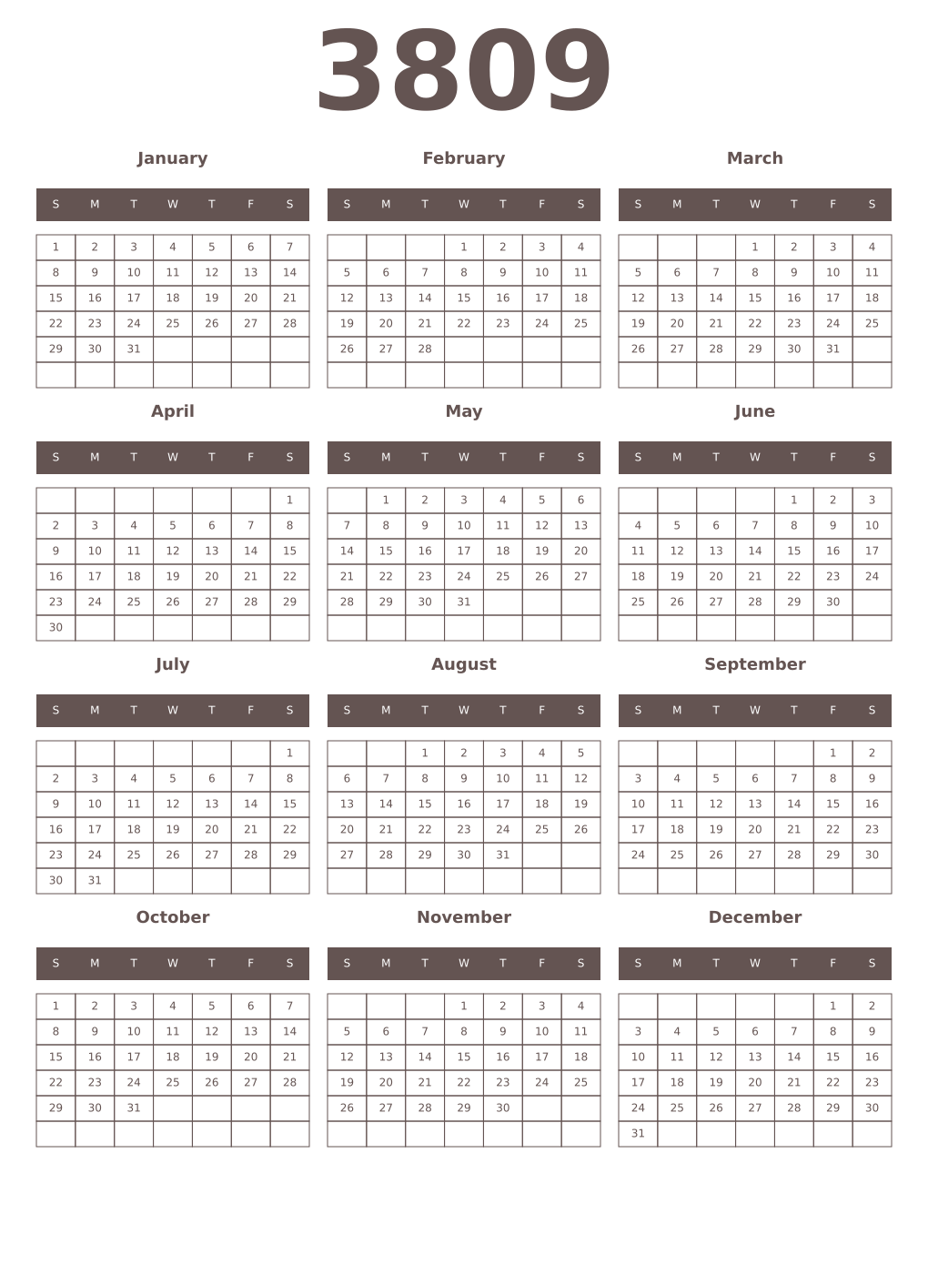 Printable 3809 Year Calendars wenge