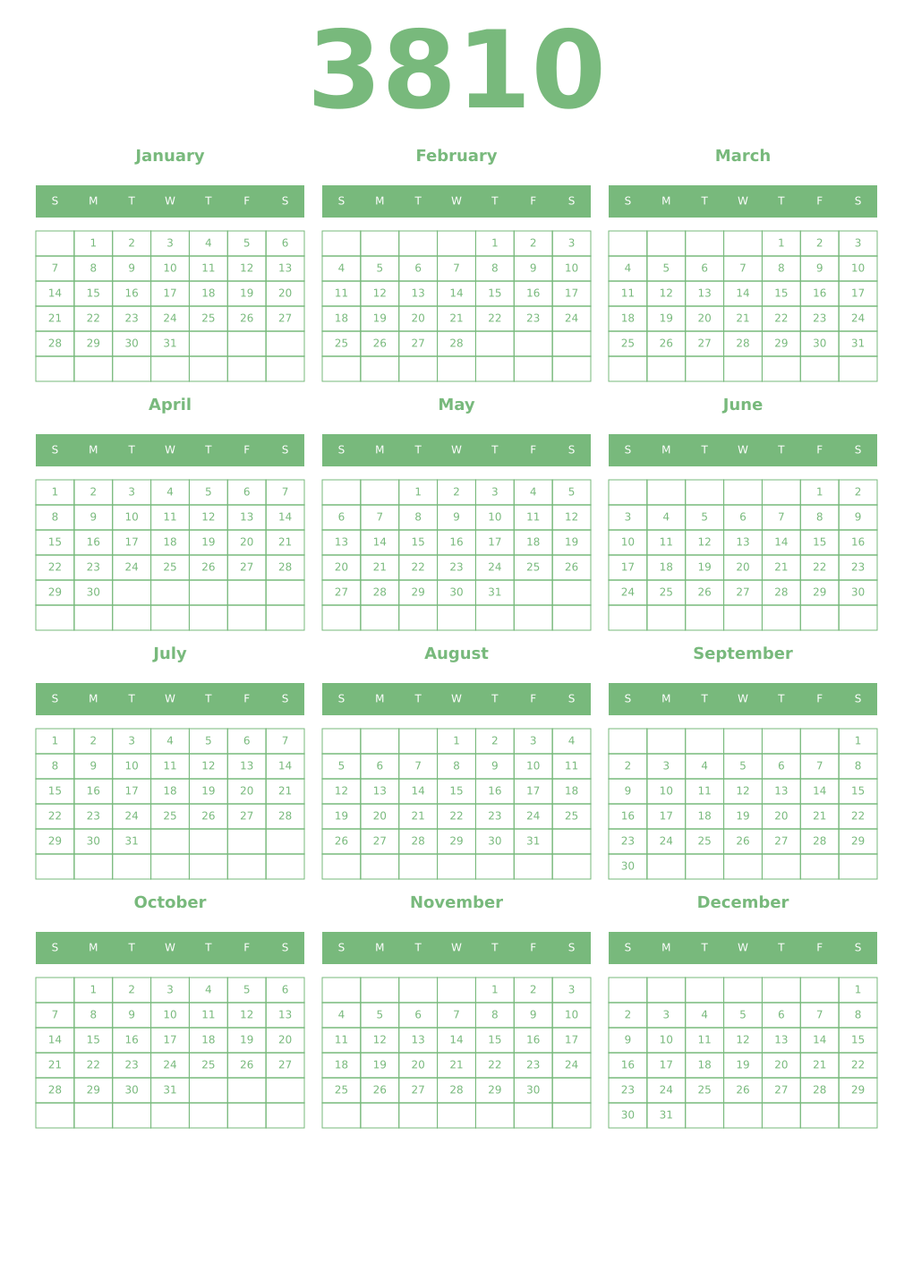 Printable 3810 Year Calendars celadon