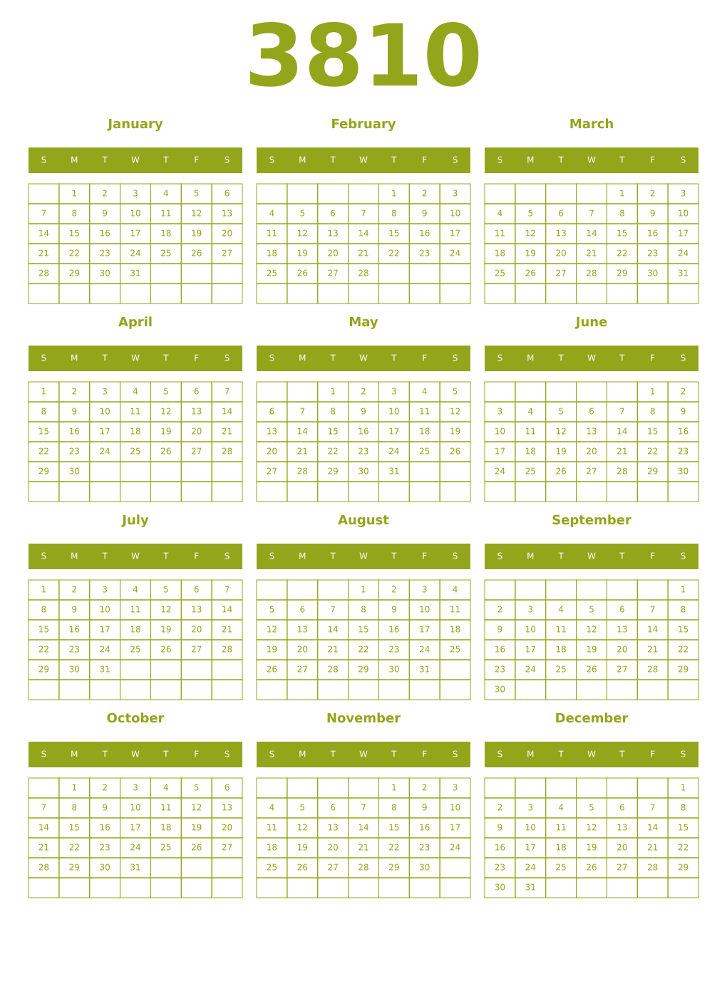Printable 3810 Year Calendars chartreuse