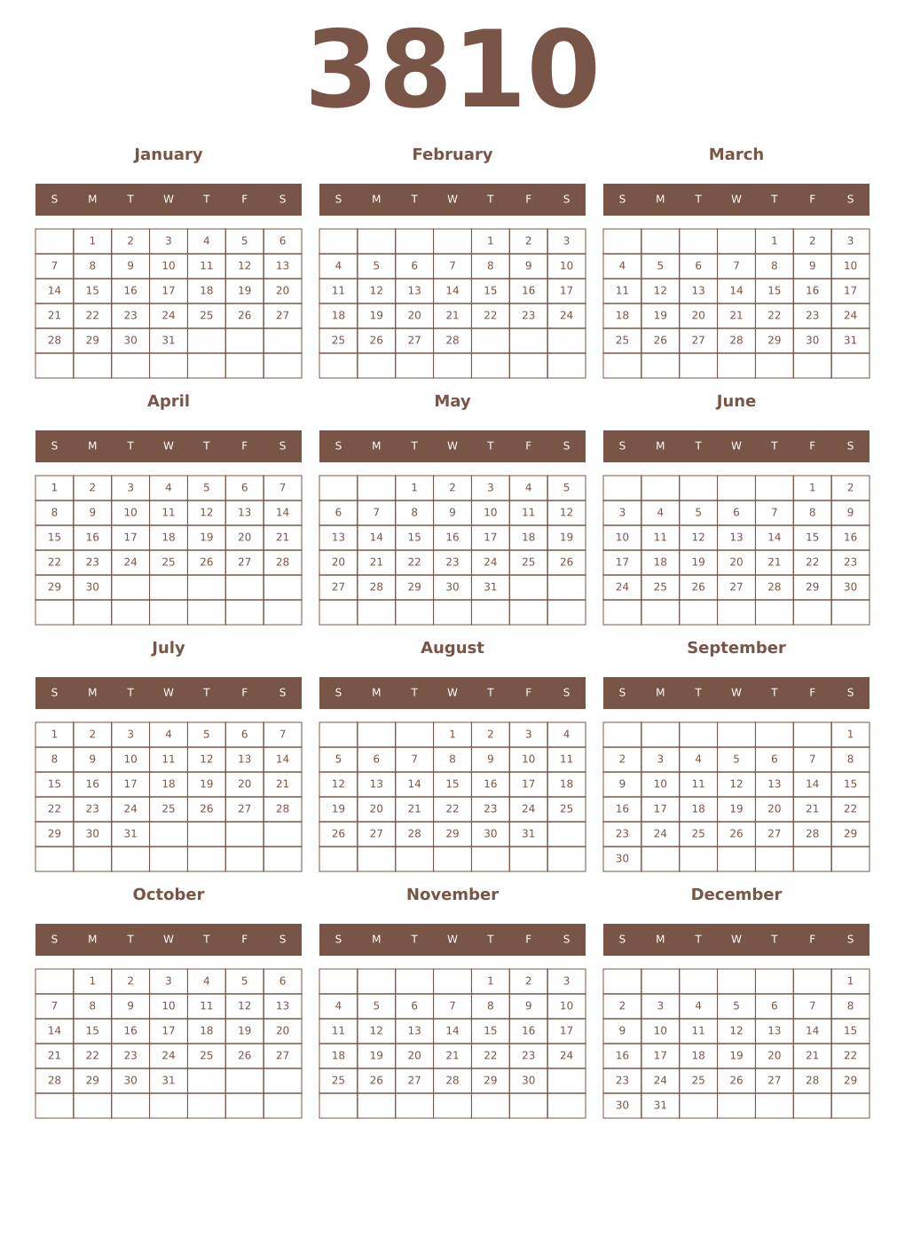 Printable 3810 Year Calendars coffe