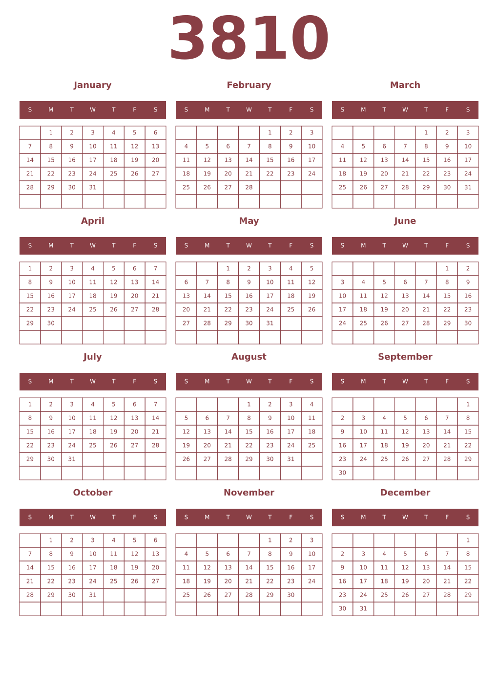 Printable 3810 Year Calendars cordovan