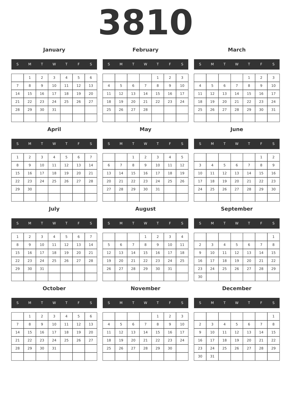 Printable 3810 Year Calendars dark
