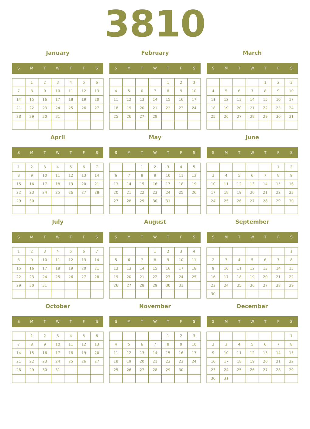 Printable 3810 Year Calendars eburnean