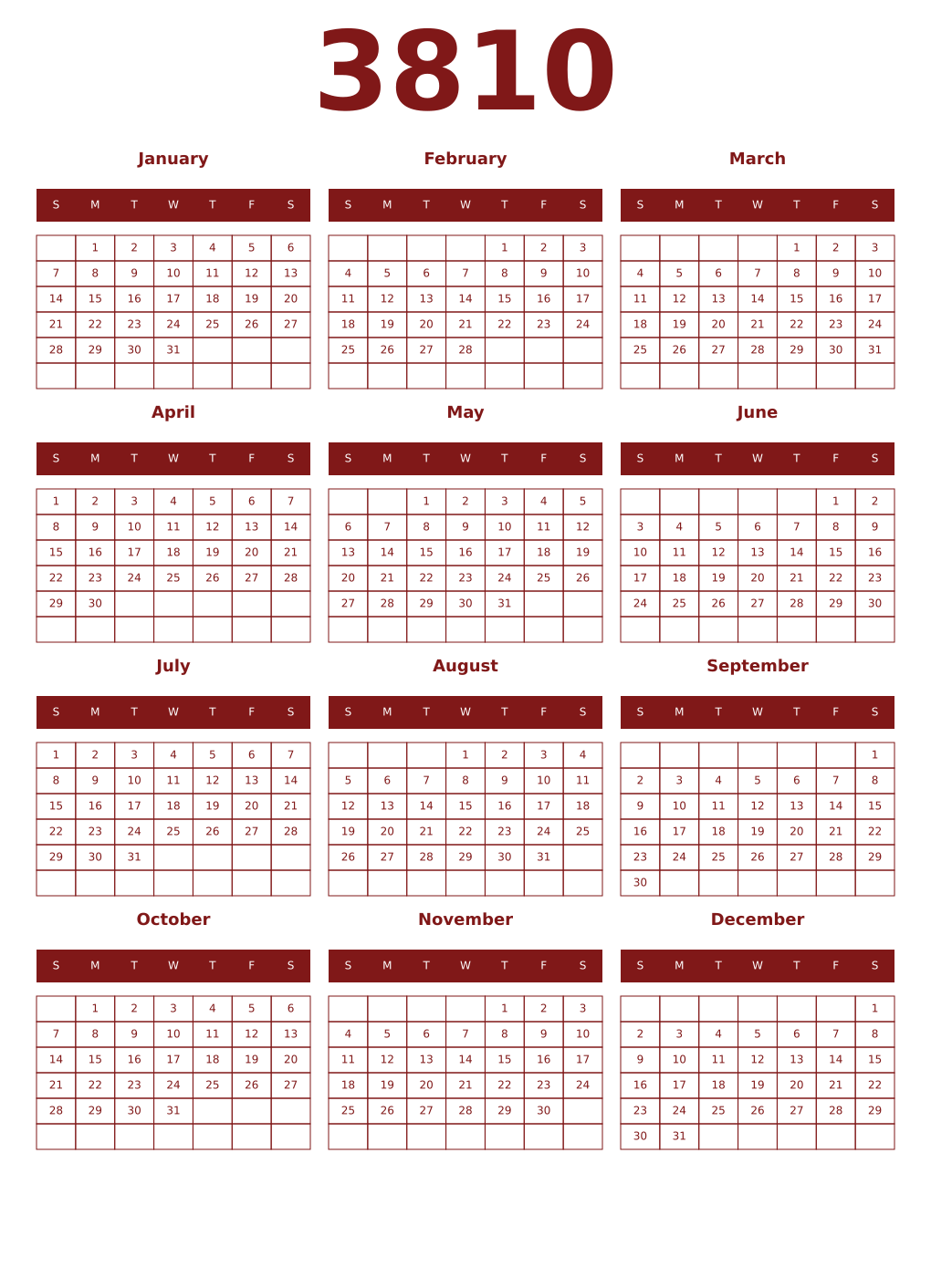 Printable 3810 Year Calendars falu