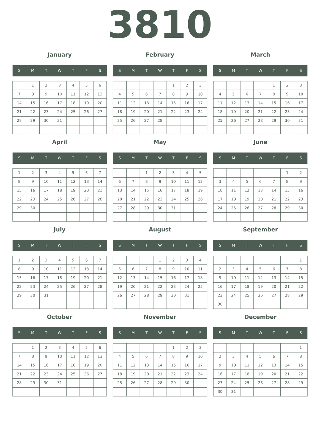Printable 3810 Year Calendars feldgrau