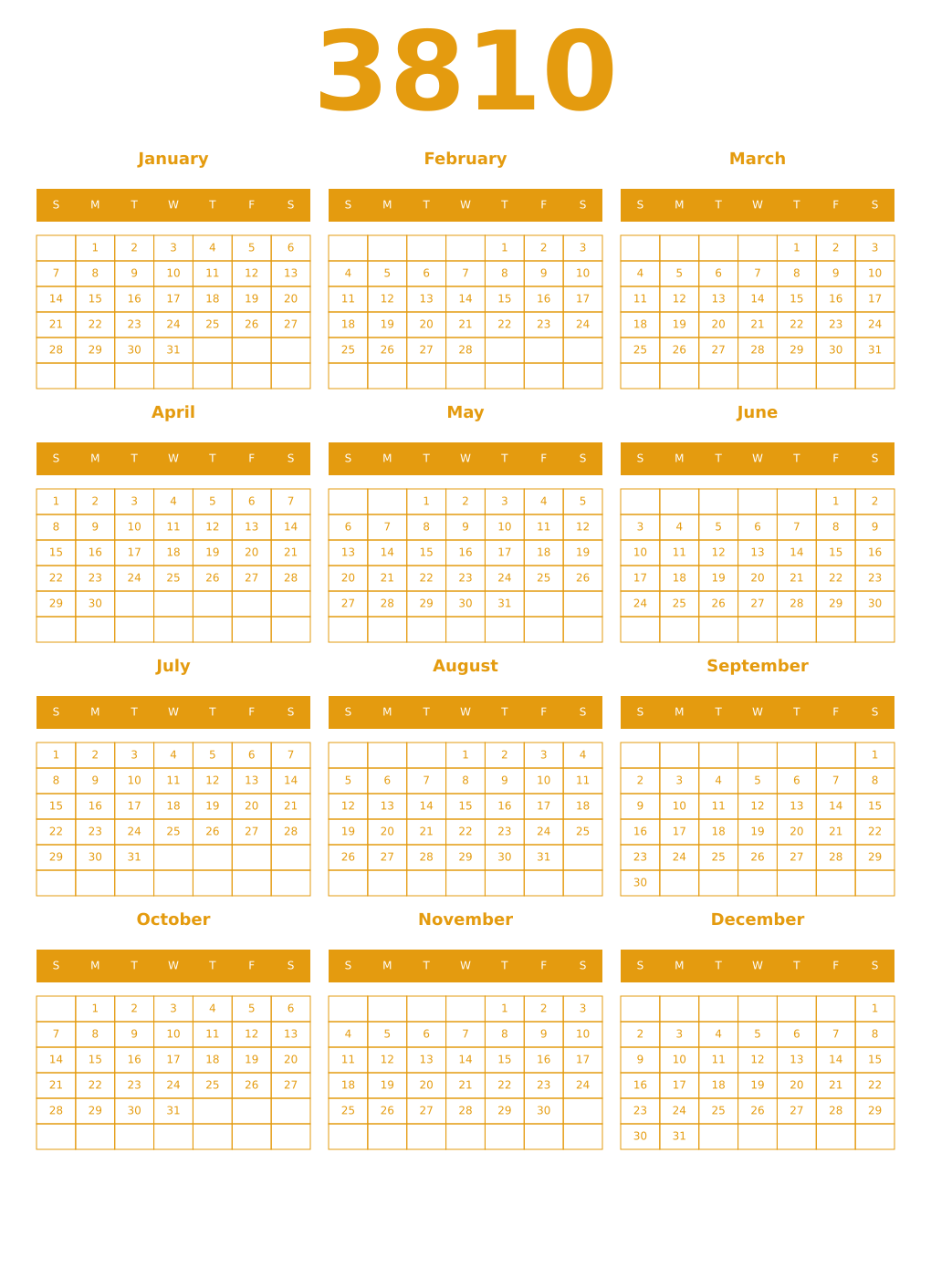 Printable 3810 Year Calendars gamboge