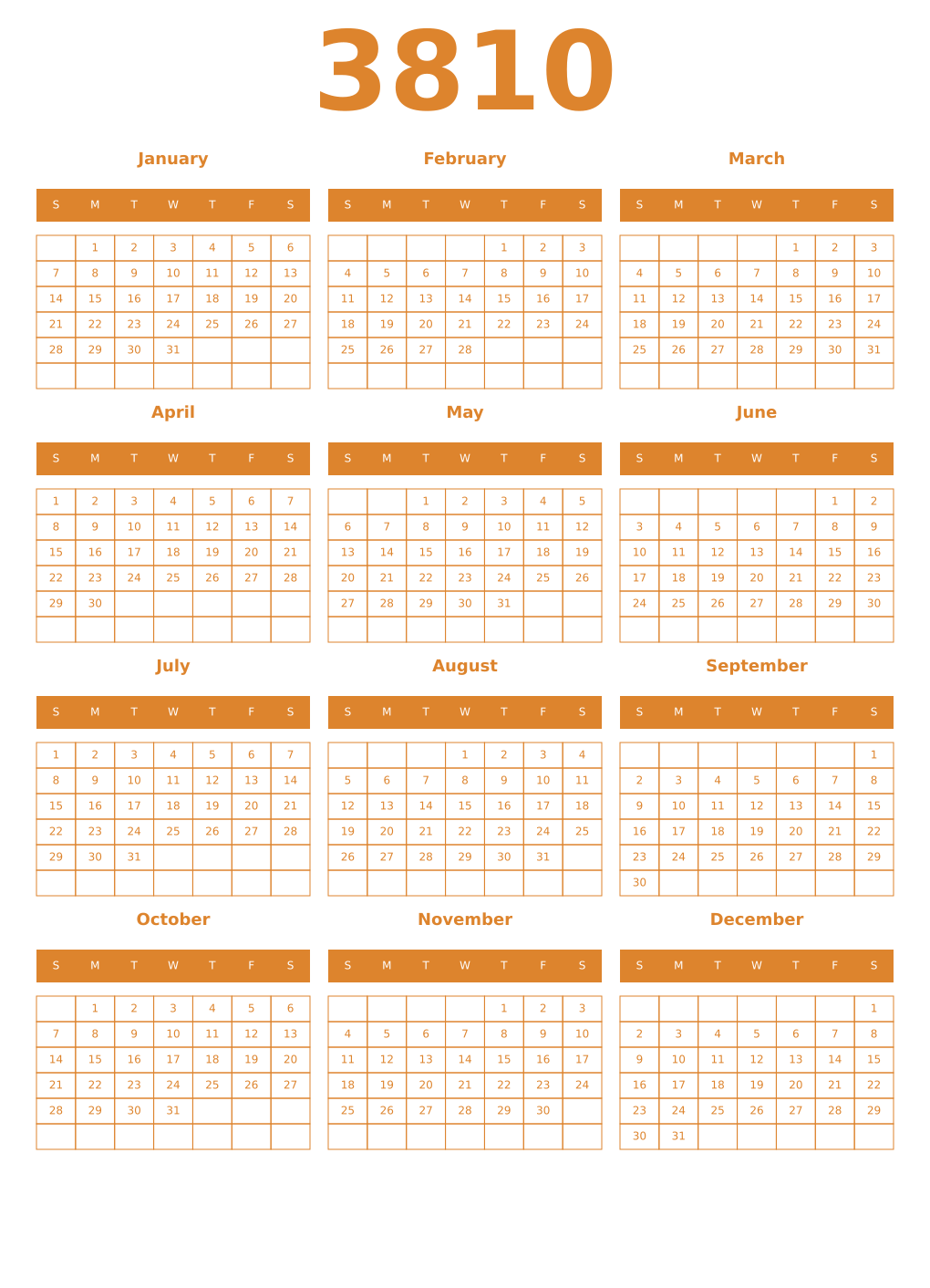 Printable 3810 Year Calendars orange