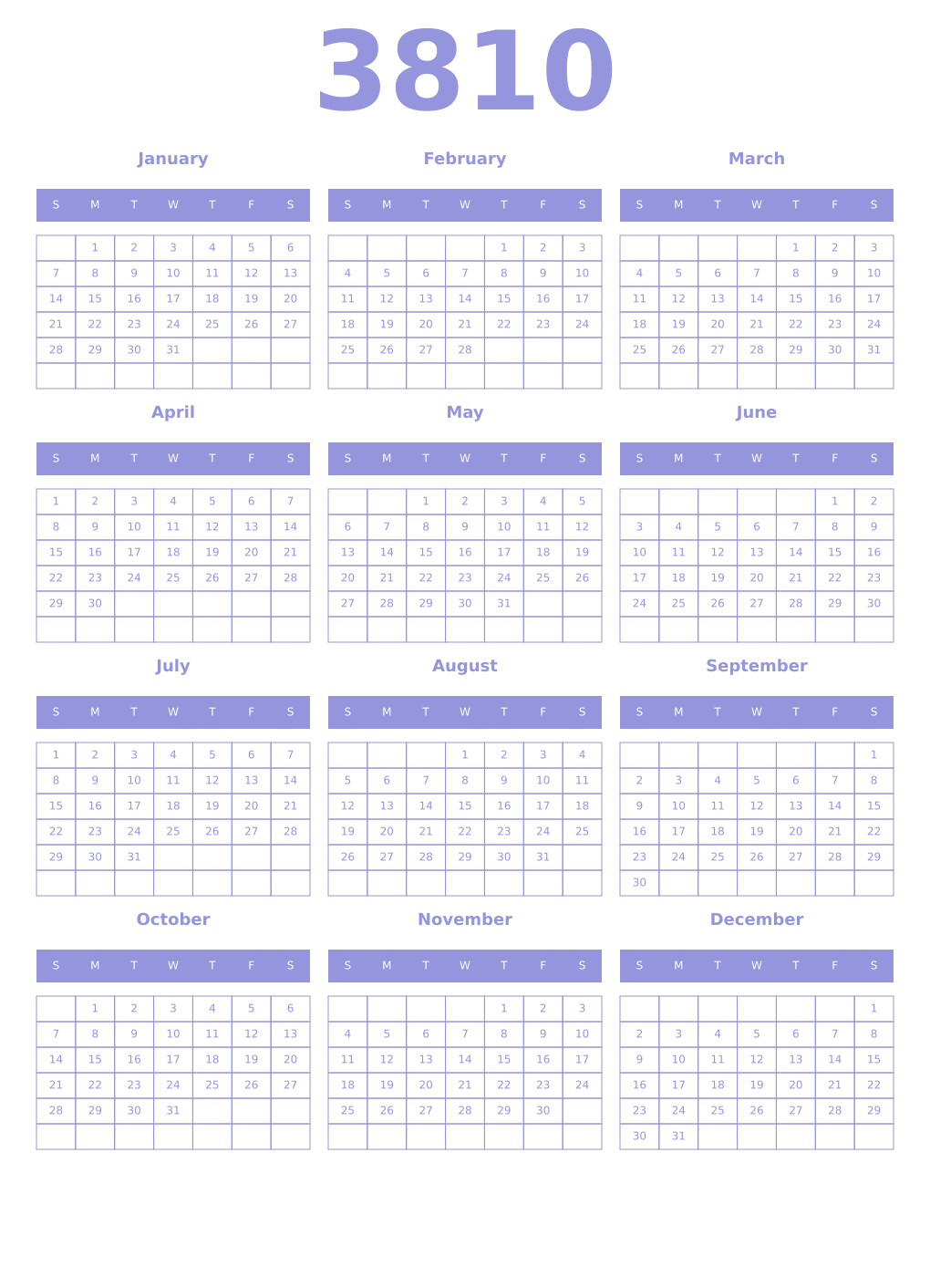 Printable 3810 Year Calendars periwinkle