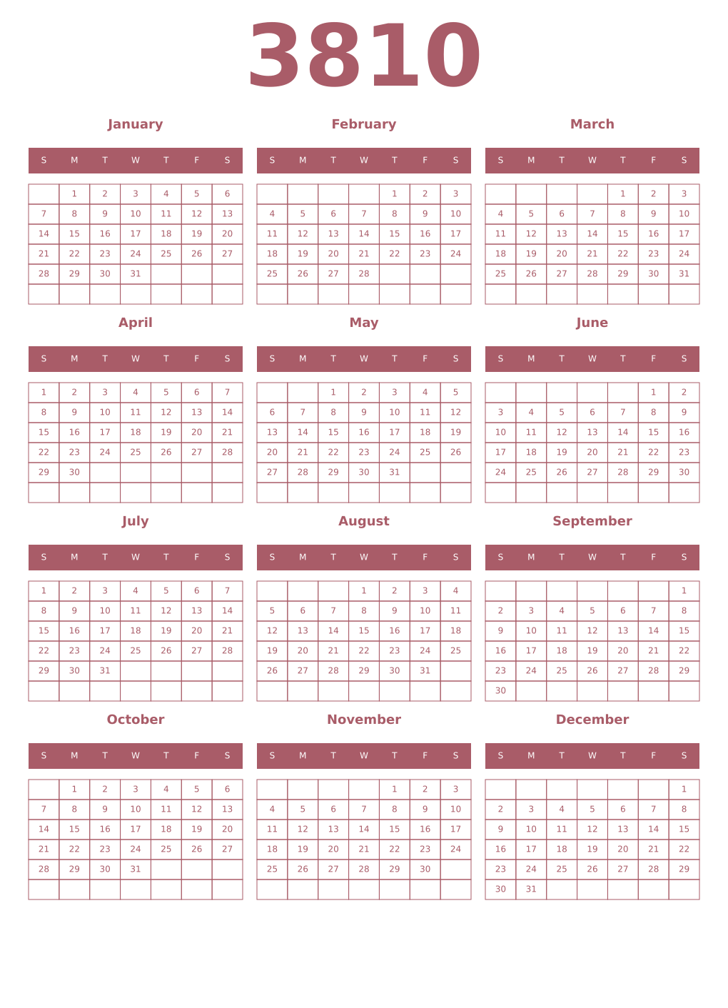 Printable 3810 Year Calendars puce