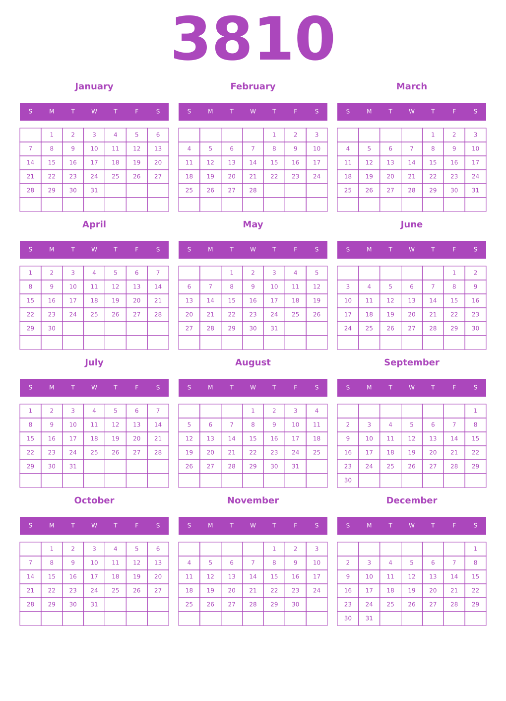 Printable 3810 Year Calendars purple