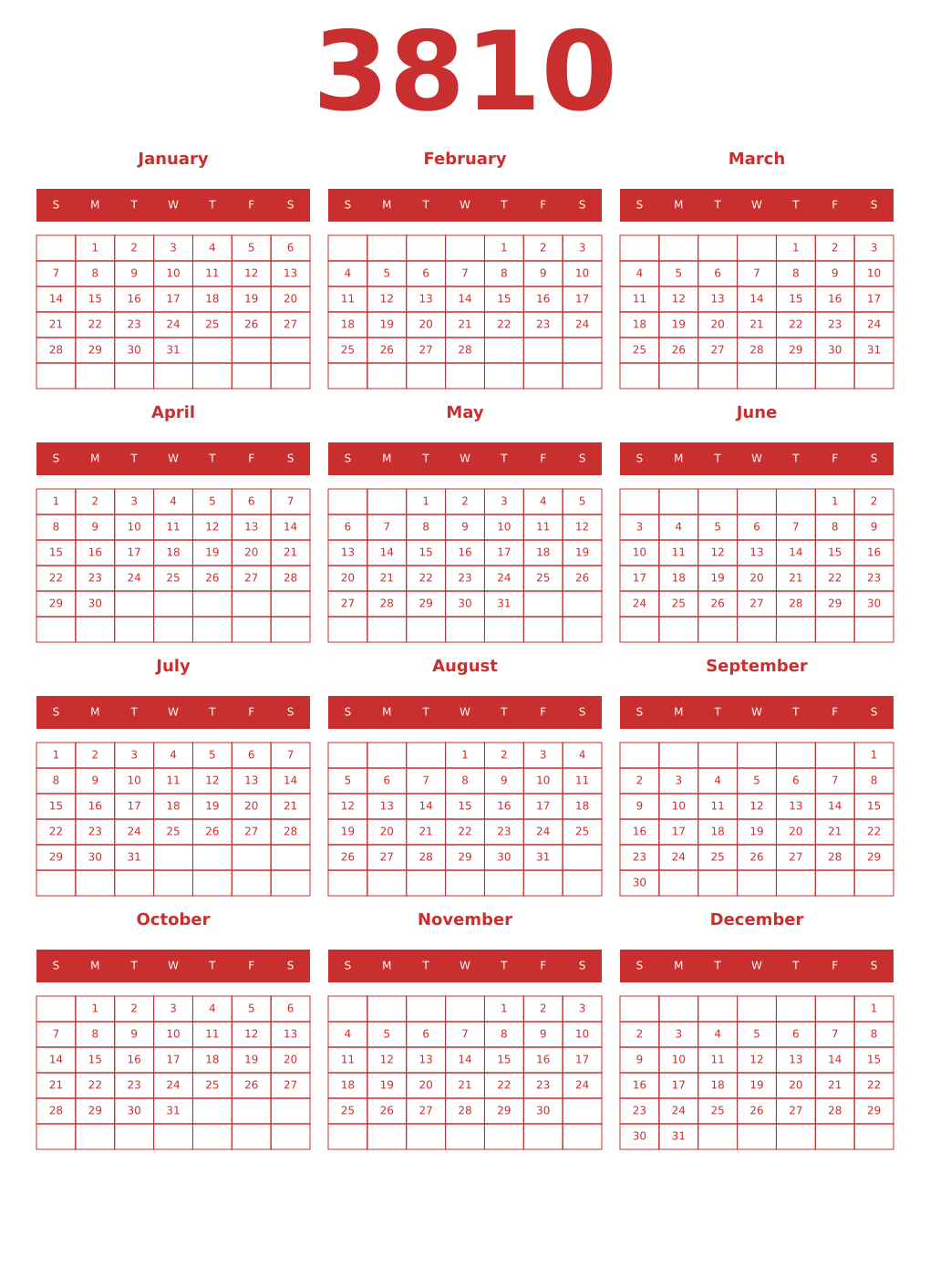 Printable 3810 Year Calendars red