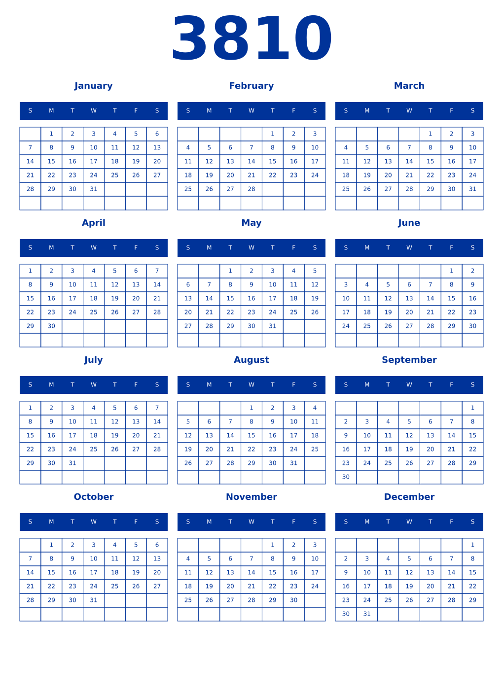 Printable 3810 Year Calendars smalt