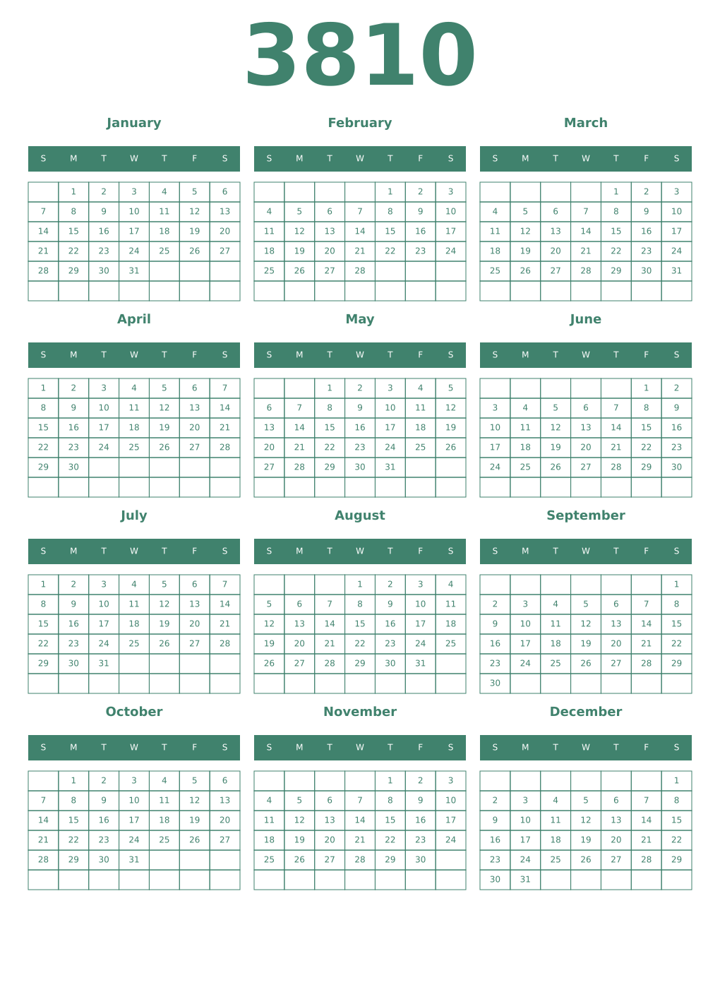 Printable 3810 Year Calendars viridian