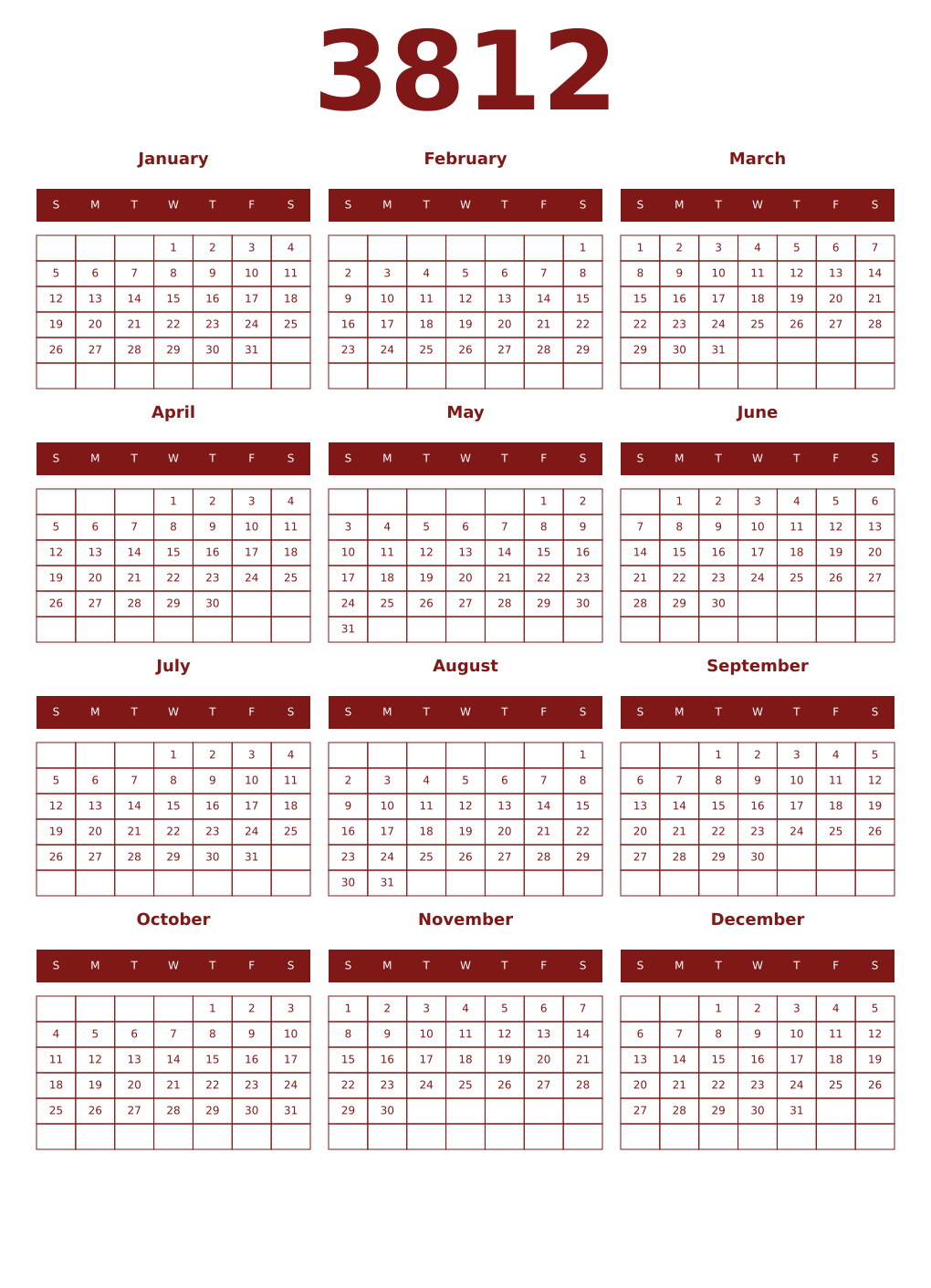 Printable 3812 Year Calendars falu