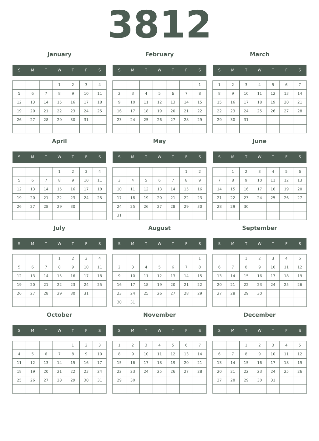 Printable 3812 Year Calendars feldgrau