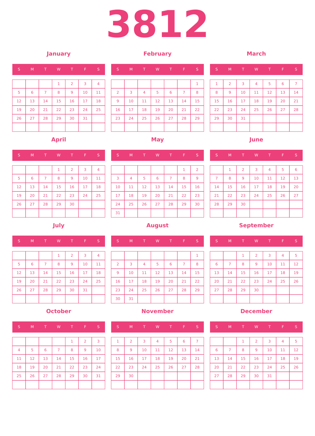 Printable 3812 Year Calendars pink