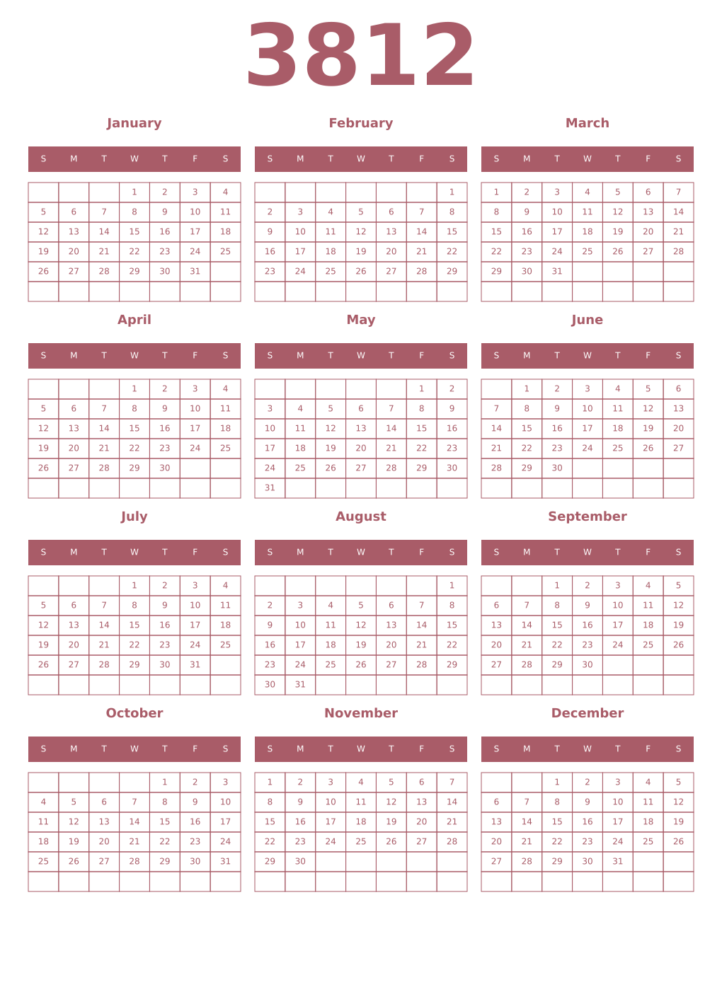 Printable 3812 Year Calendars puce