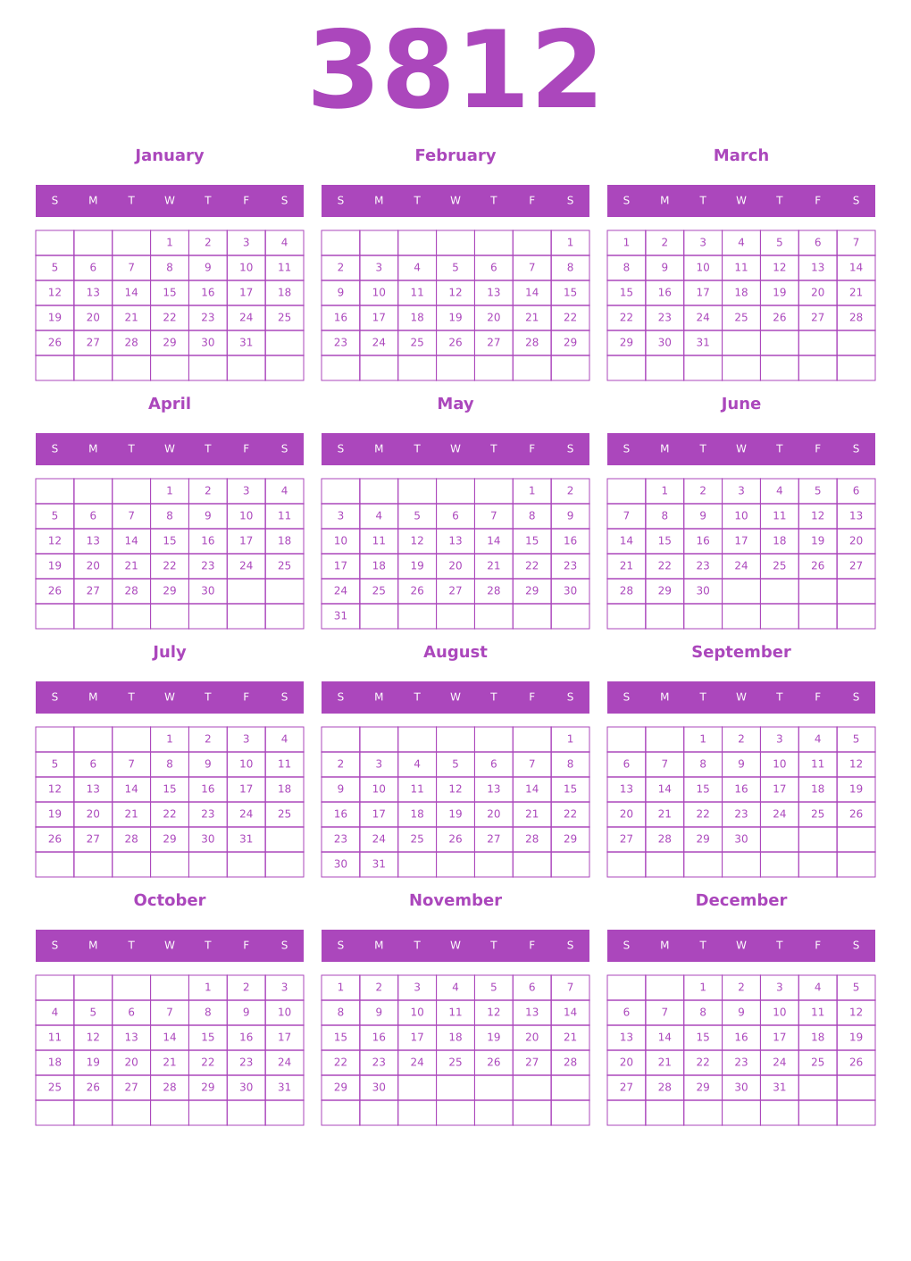 Printable 3812 Year Calendars purple