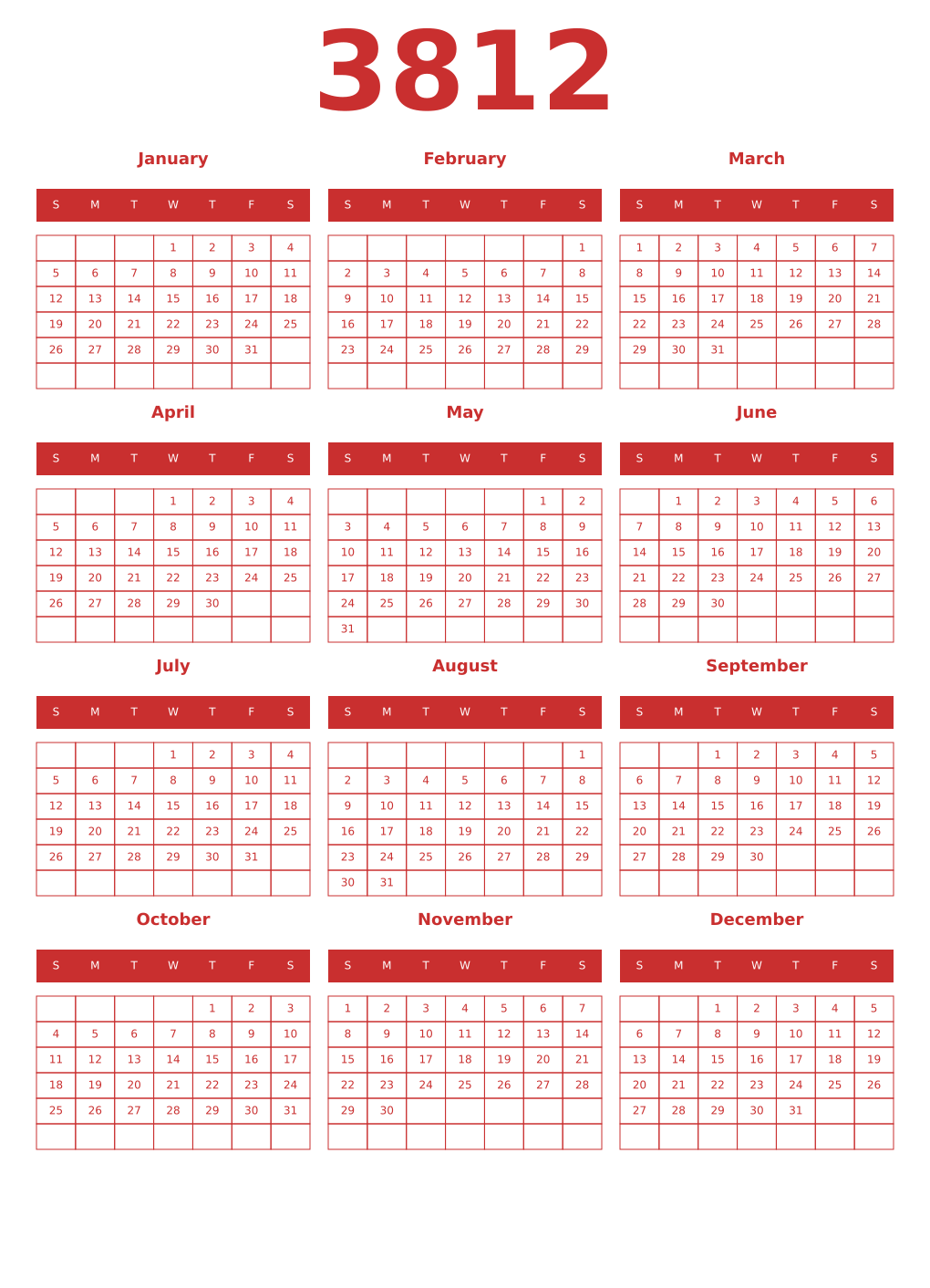 Printable 3812 Year Calendars red