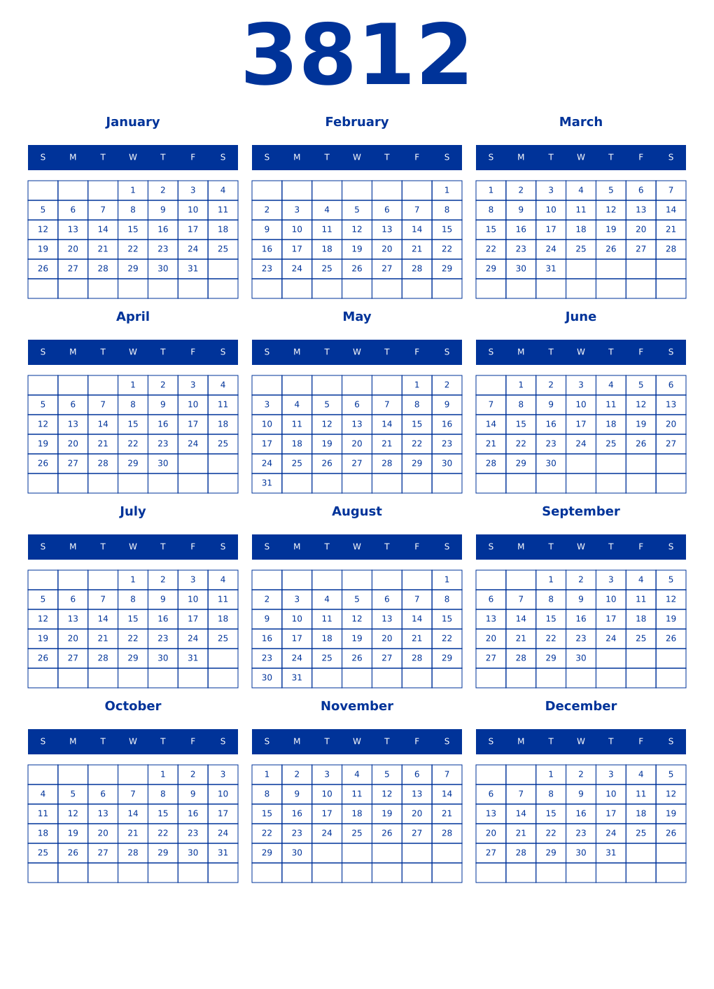 Printable 3812 Year Calendars smalt