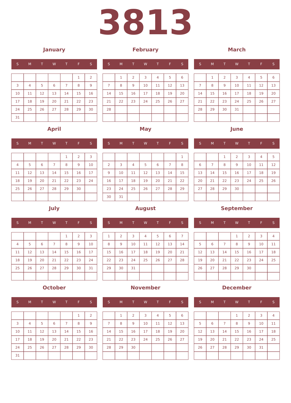 Printable 3813 Year Calendars cordovan