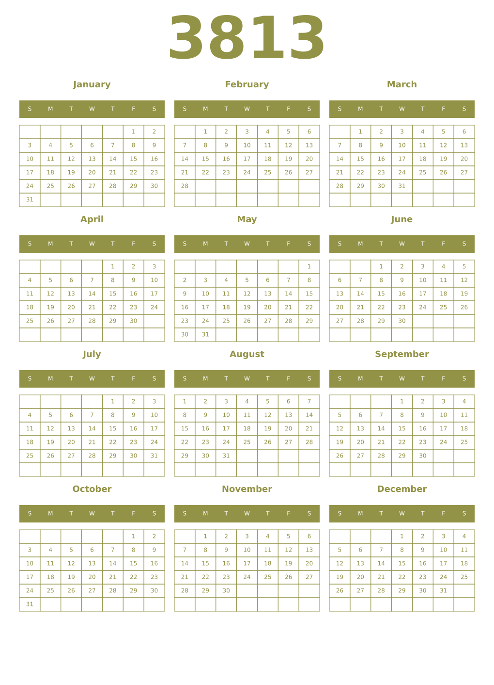 Printable 3813 Year Calendars eburnean