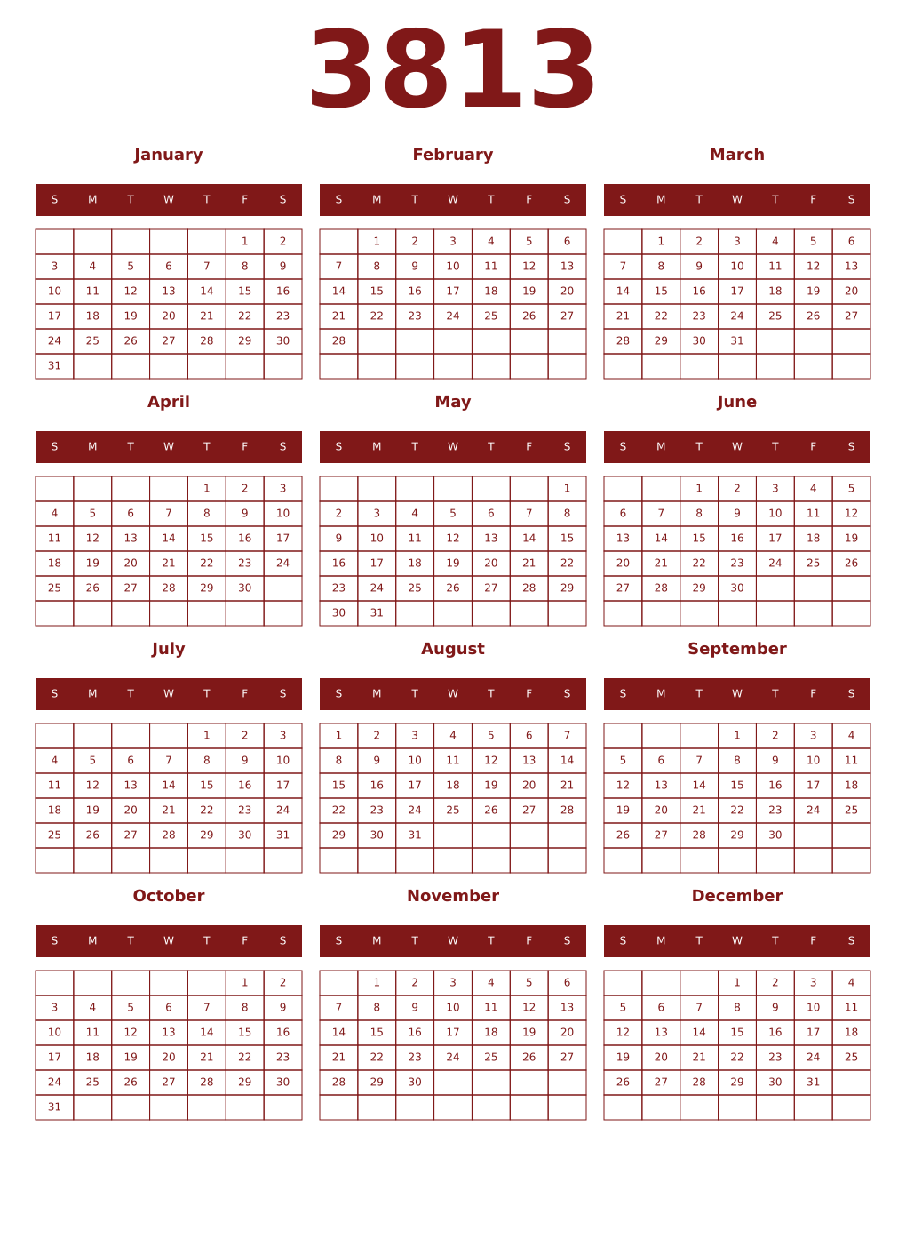 Printable 3813 Year Calendars falu