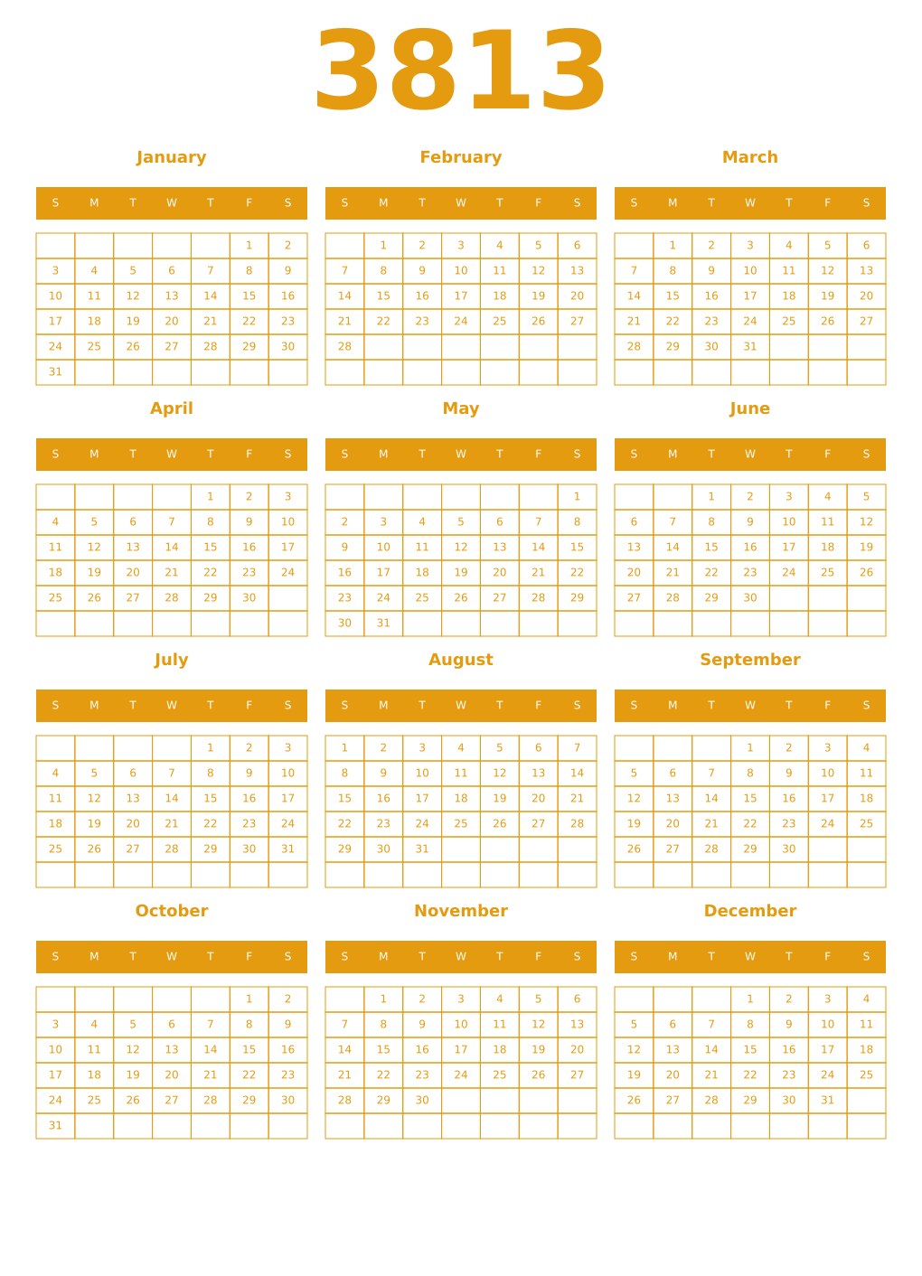 Printable 3813 Year Calendars gamboge