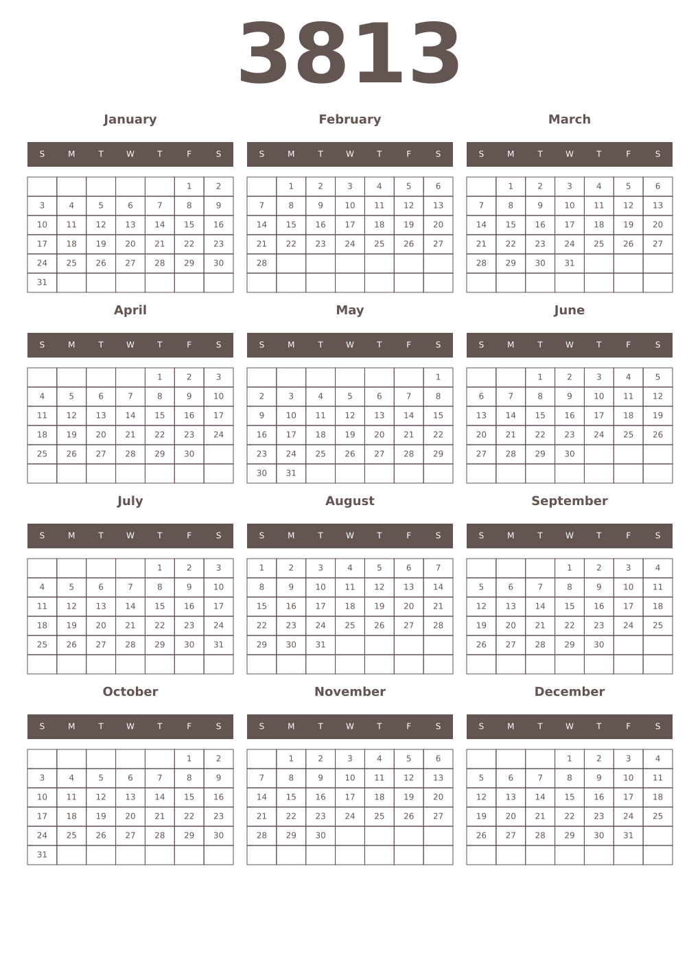 Printable 3813 Year Calendars wenge