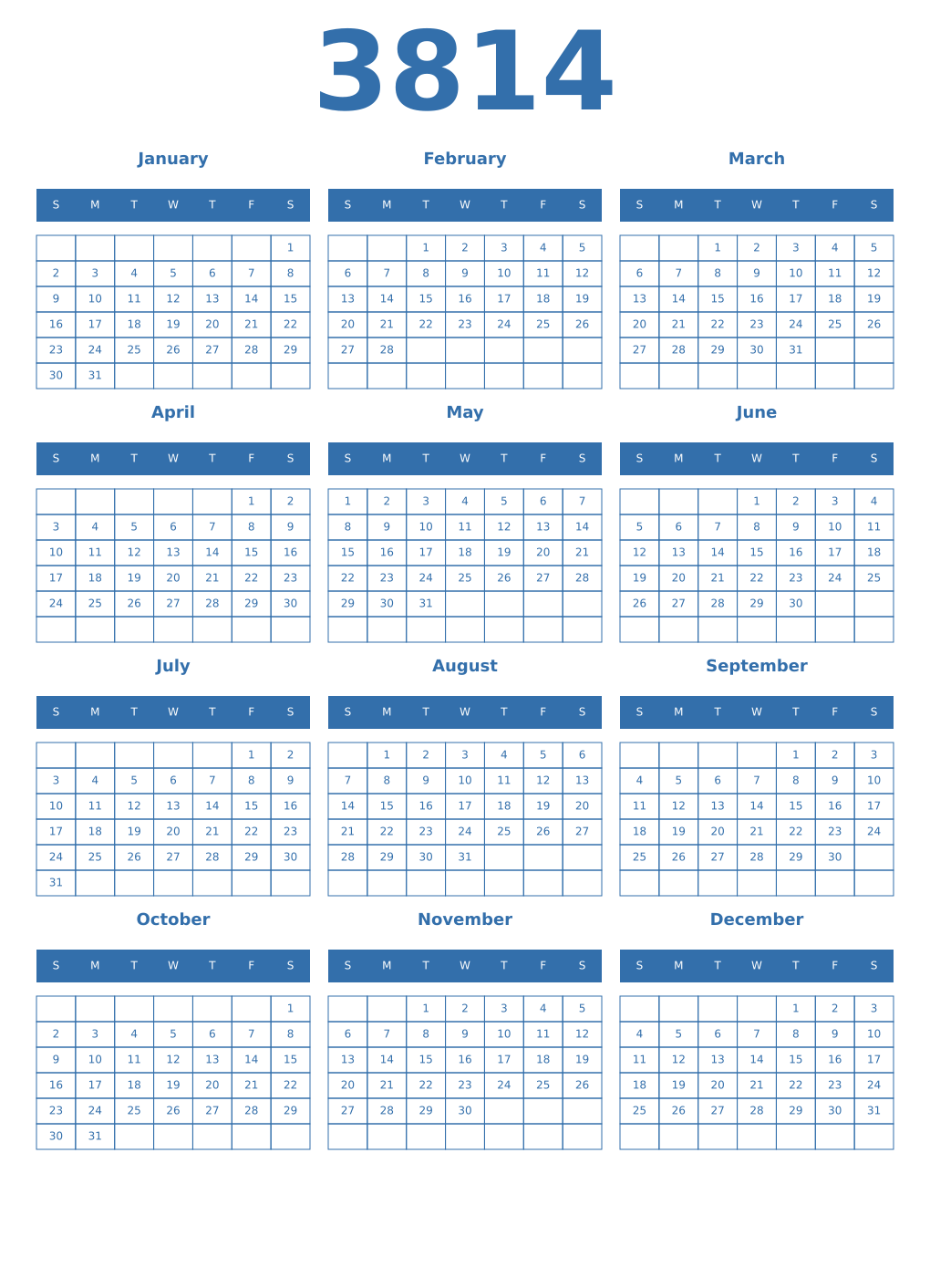Printable 3814 Year Calendars blue