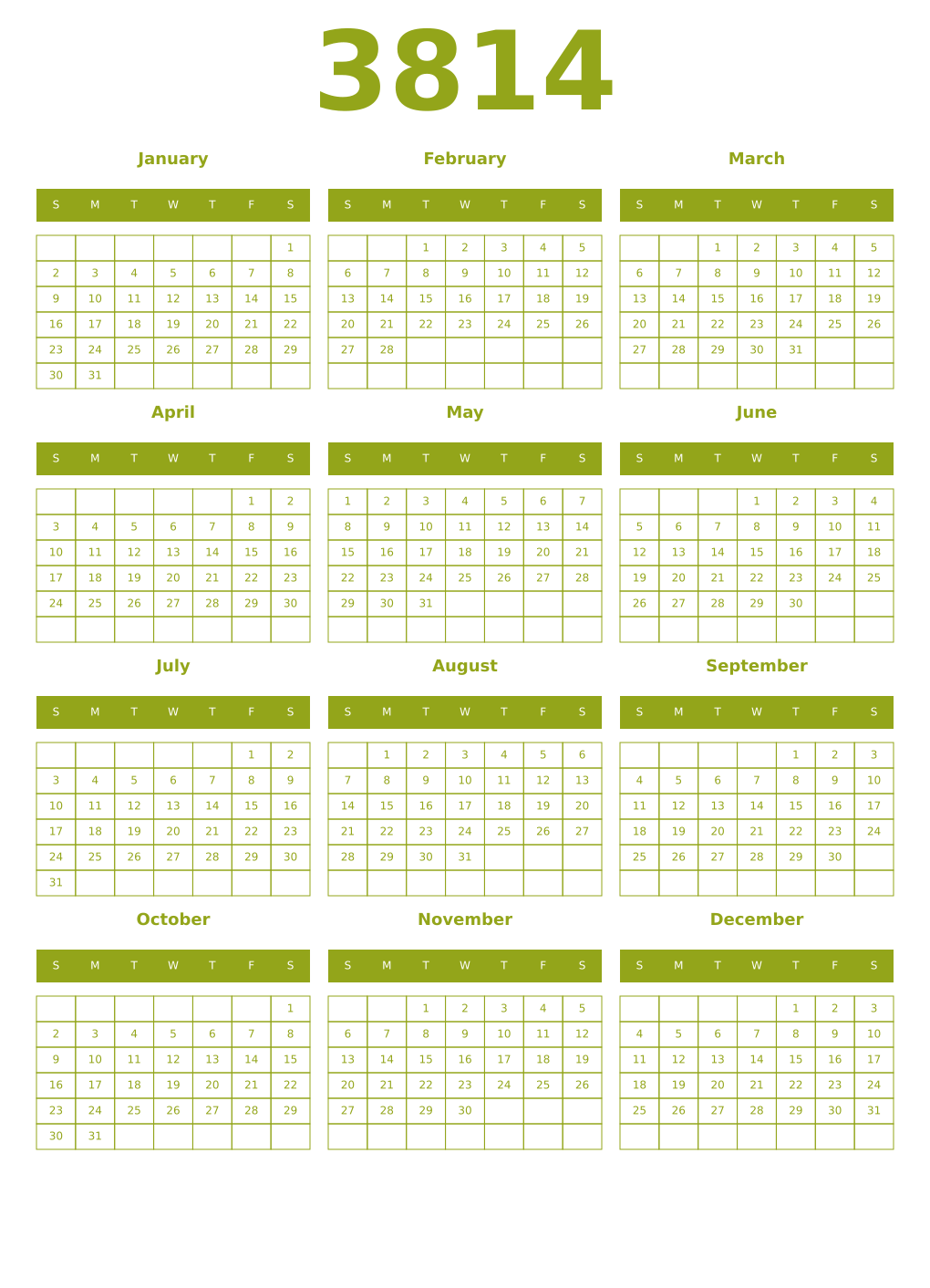 Printable 3814 Year Calendars chartreuse