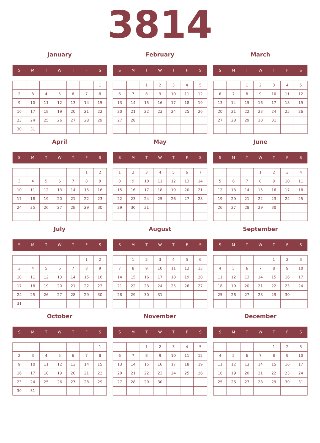 Printable 3814 Year Calendars cordovan