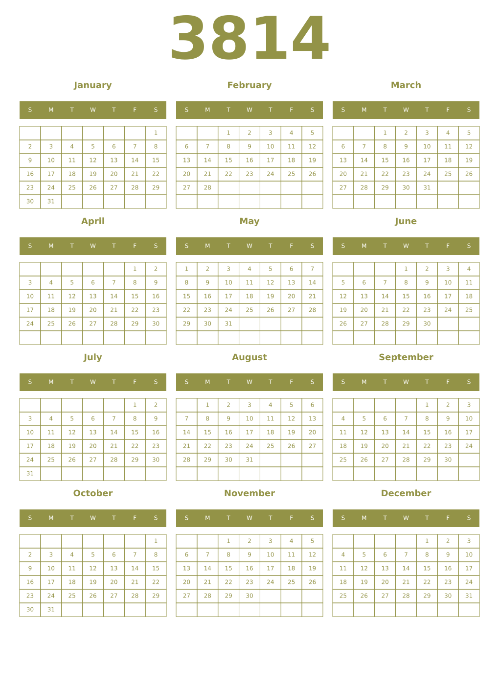 Printable 3814 Year Calendars eburnean
