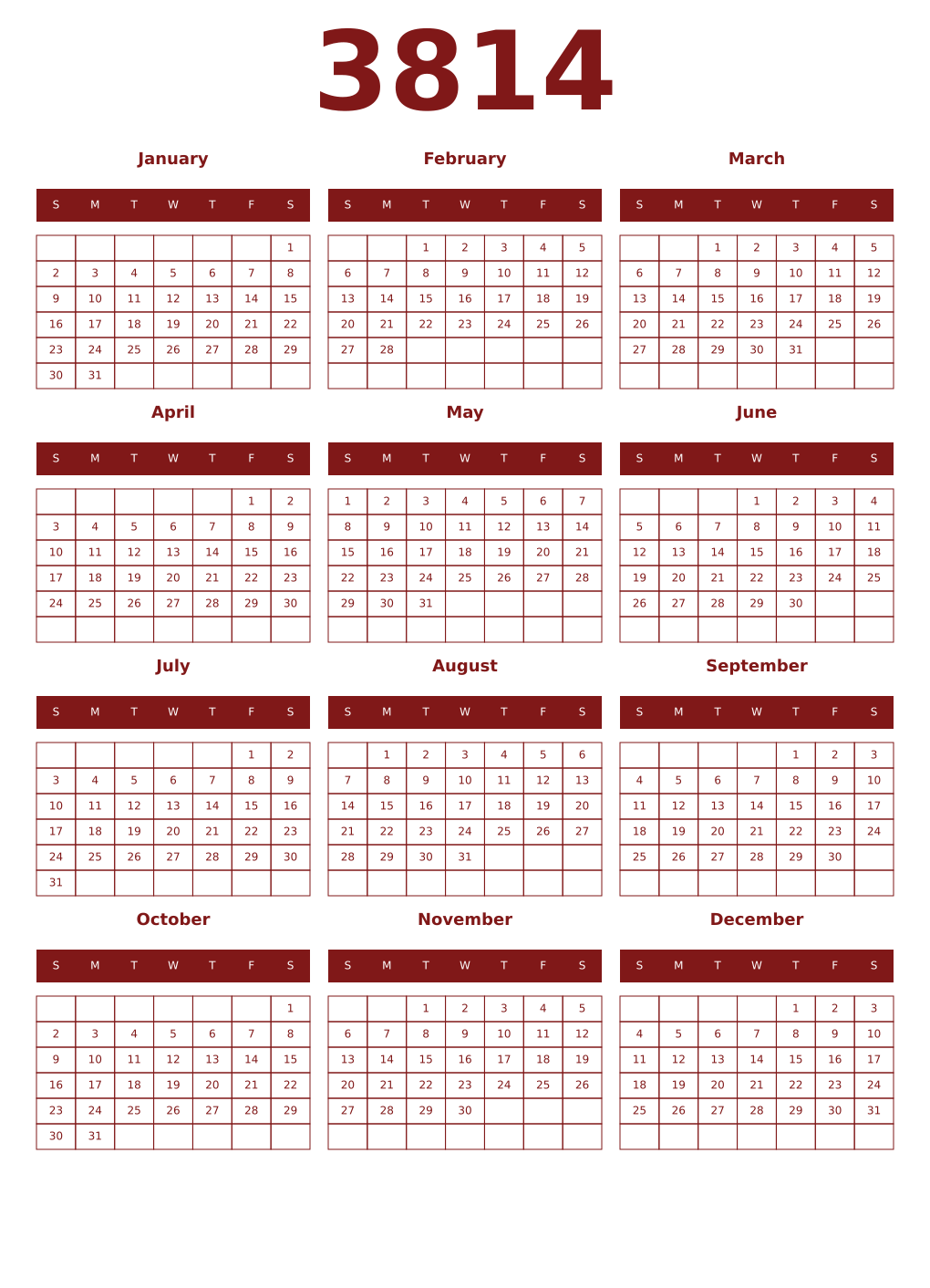Printable 3814 Year Calendars falu