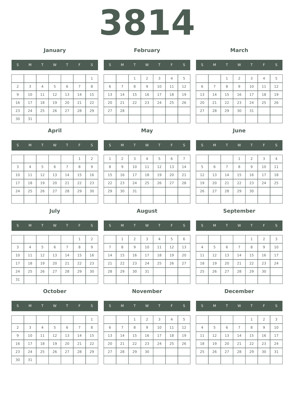 Printable 3814 Year Calendars feldgrau
