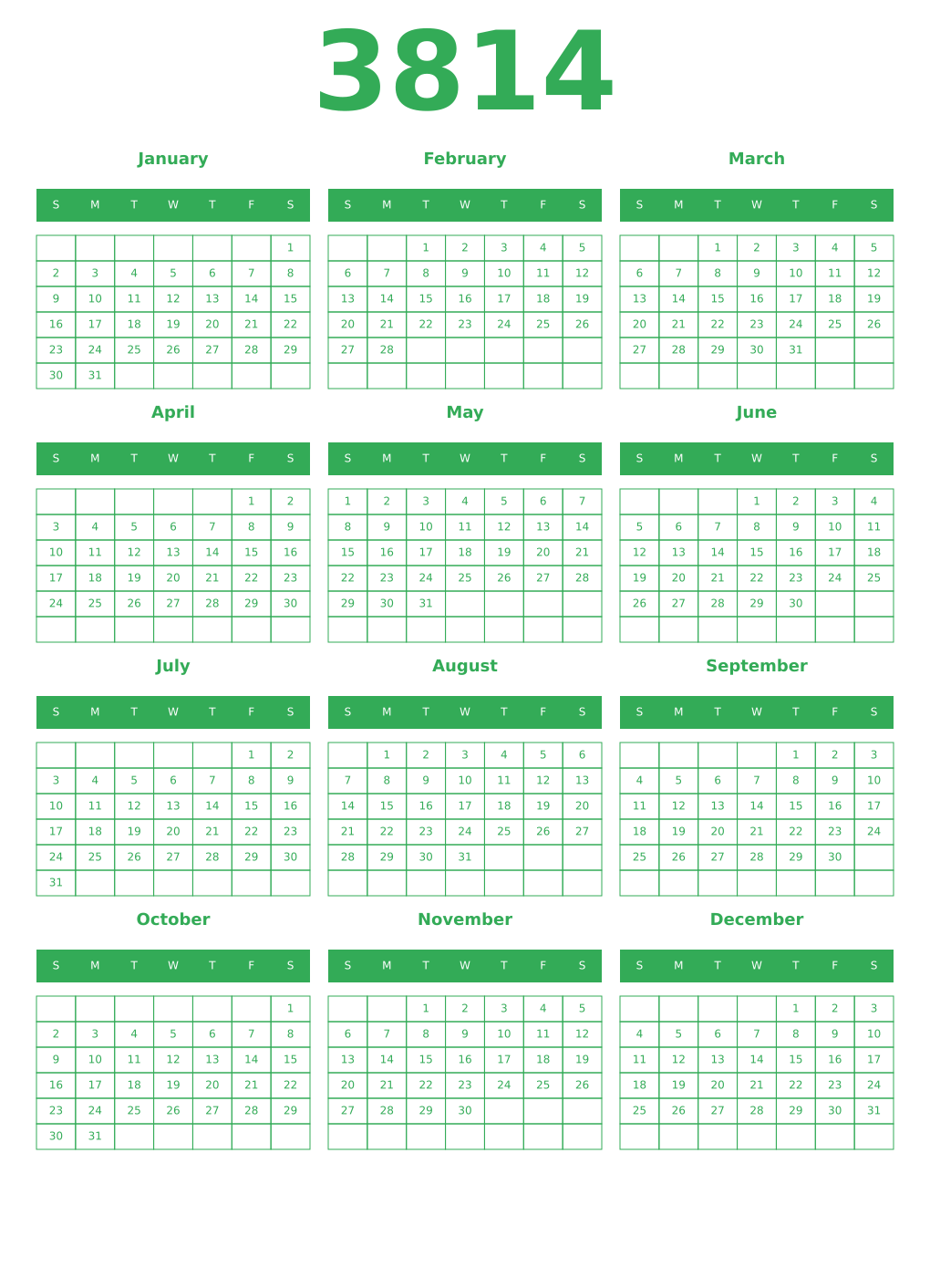 Printable 3814 Year Calendars green