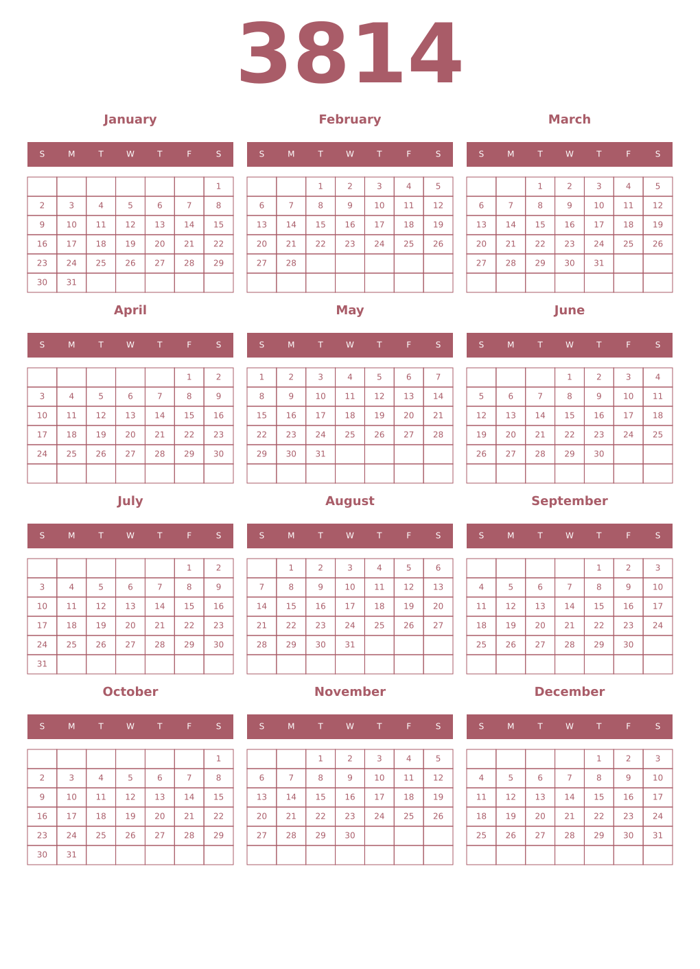 Printable 3814 Year Calendars puce