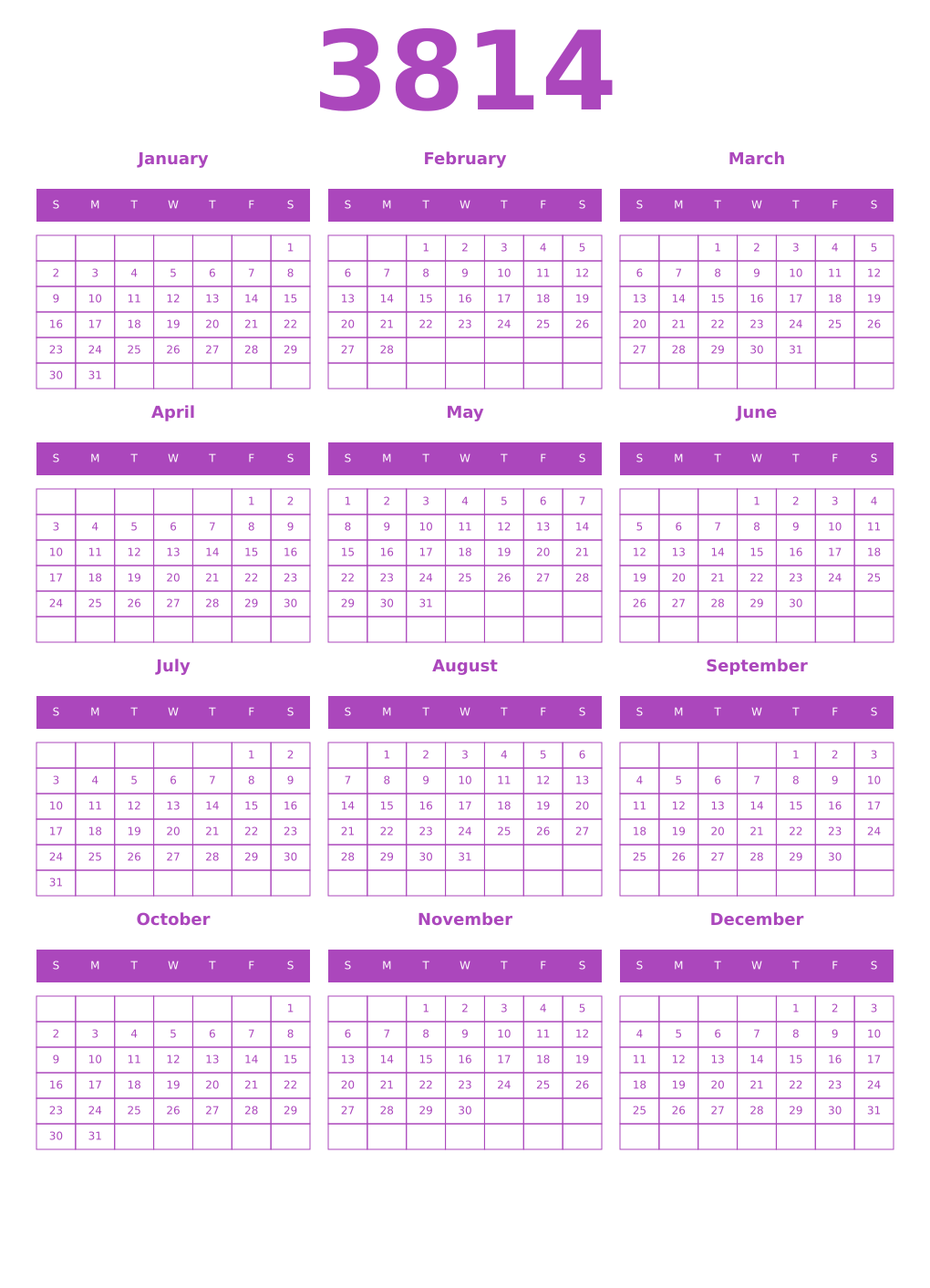Printable 3814 Year Calendars purple