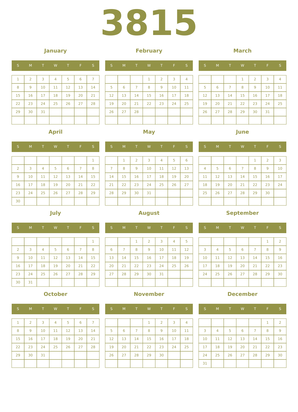 Printable 3815 Year Calendars eburnean