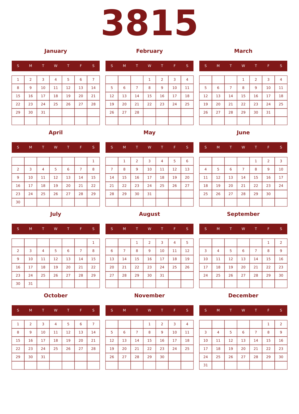 Printable 3815 Year Calendars falu
