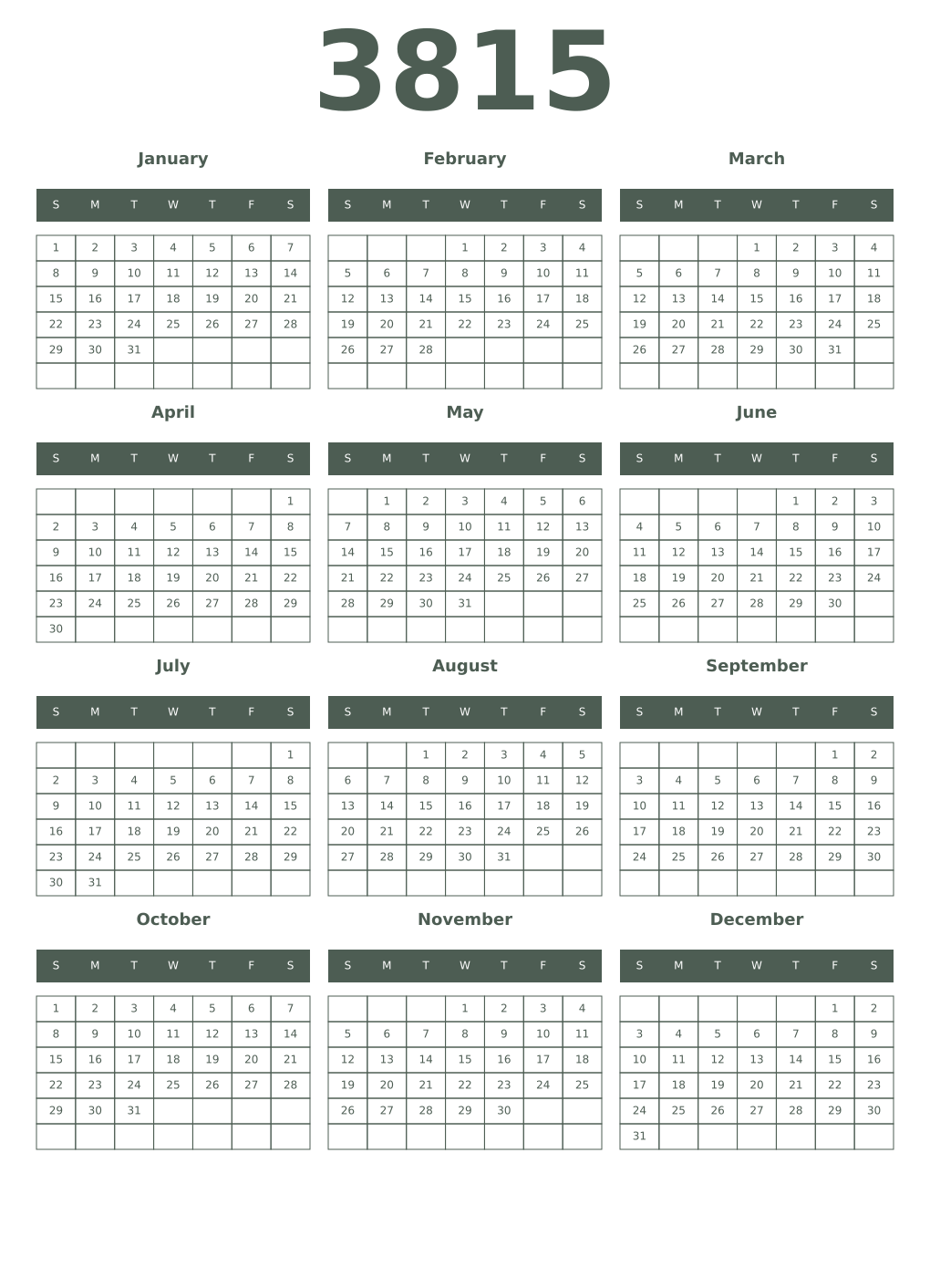 Printable 3815 Year Calendars feldgrau