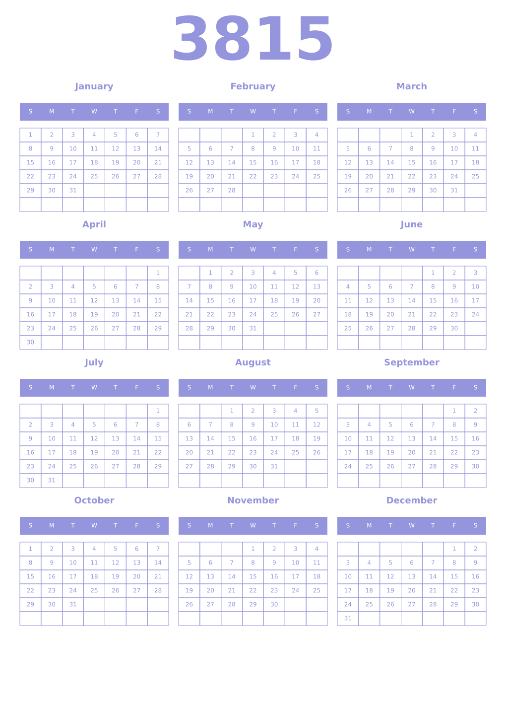 Printable 3815 Year Calendars periwinkle