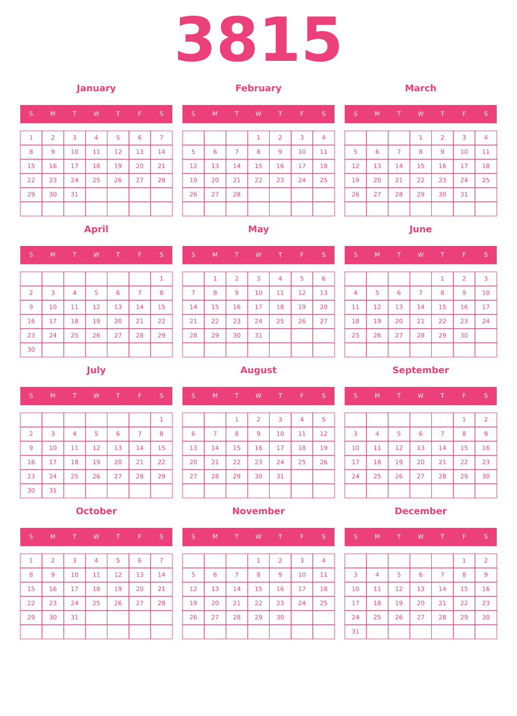Printable 3815 Year Calendars pink