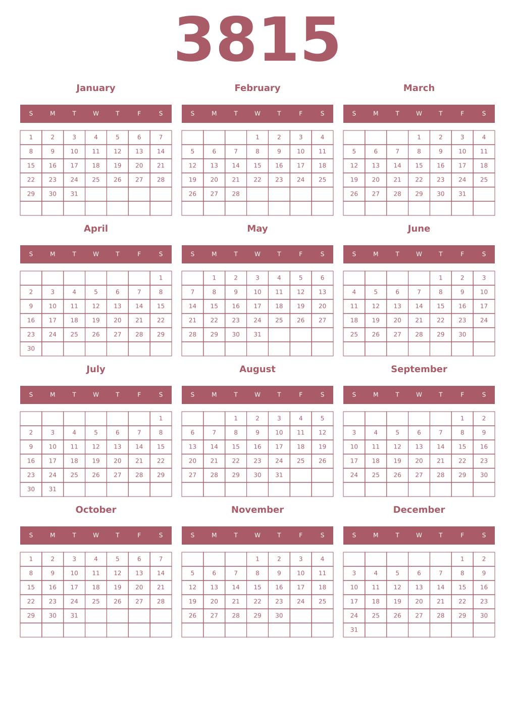 Printable 3815 Year Calendars puce